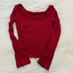 Red Square Neck Long Sleeve Cotton Top